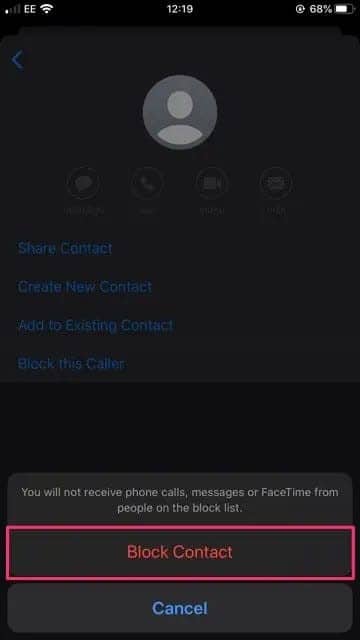 Tap on the Block Contact button when prompted - Stop Unwanted Texts on iPhone